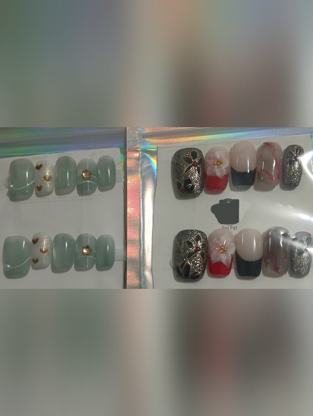 Floral Glitter Press-On Nails in Silver with Red Accents - Women Makeup